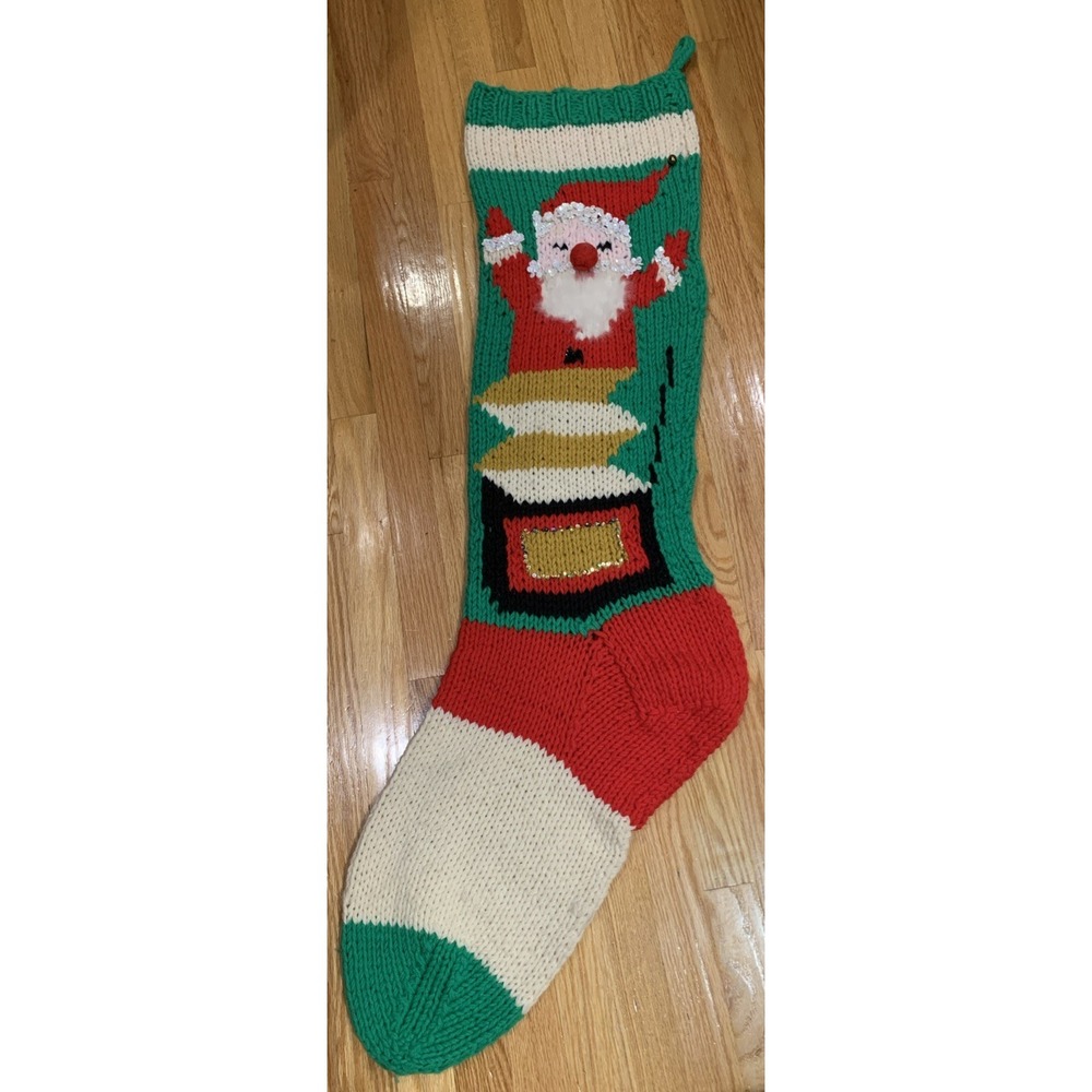 Vintage Jack In The Box Knit Christmas Stocking  Santa Angora Beard 48‎ X 12 XL